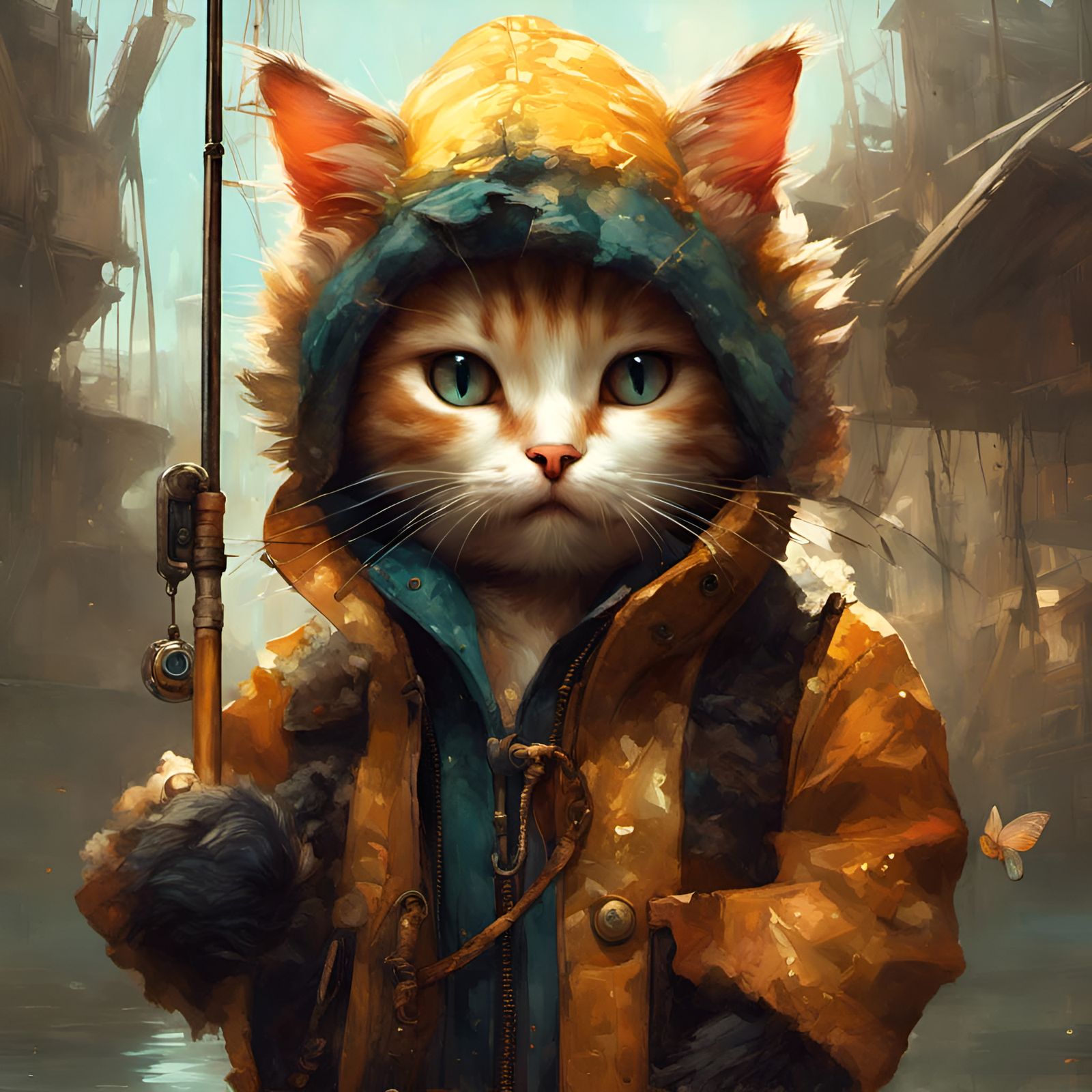 Chibi Cat Fisherman with Intricate Details