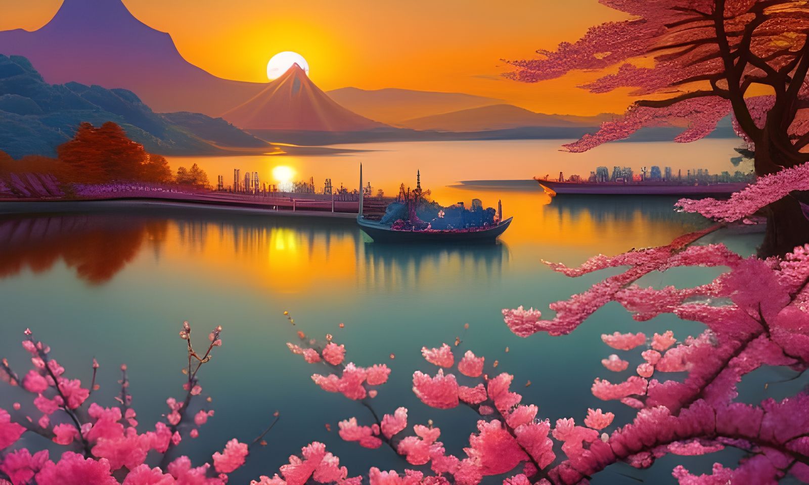 Cherry Blossoms at Sunset: Luminous Fantasy Art