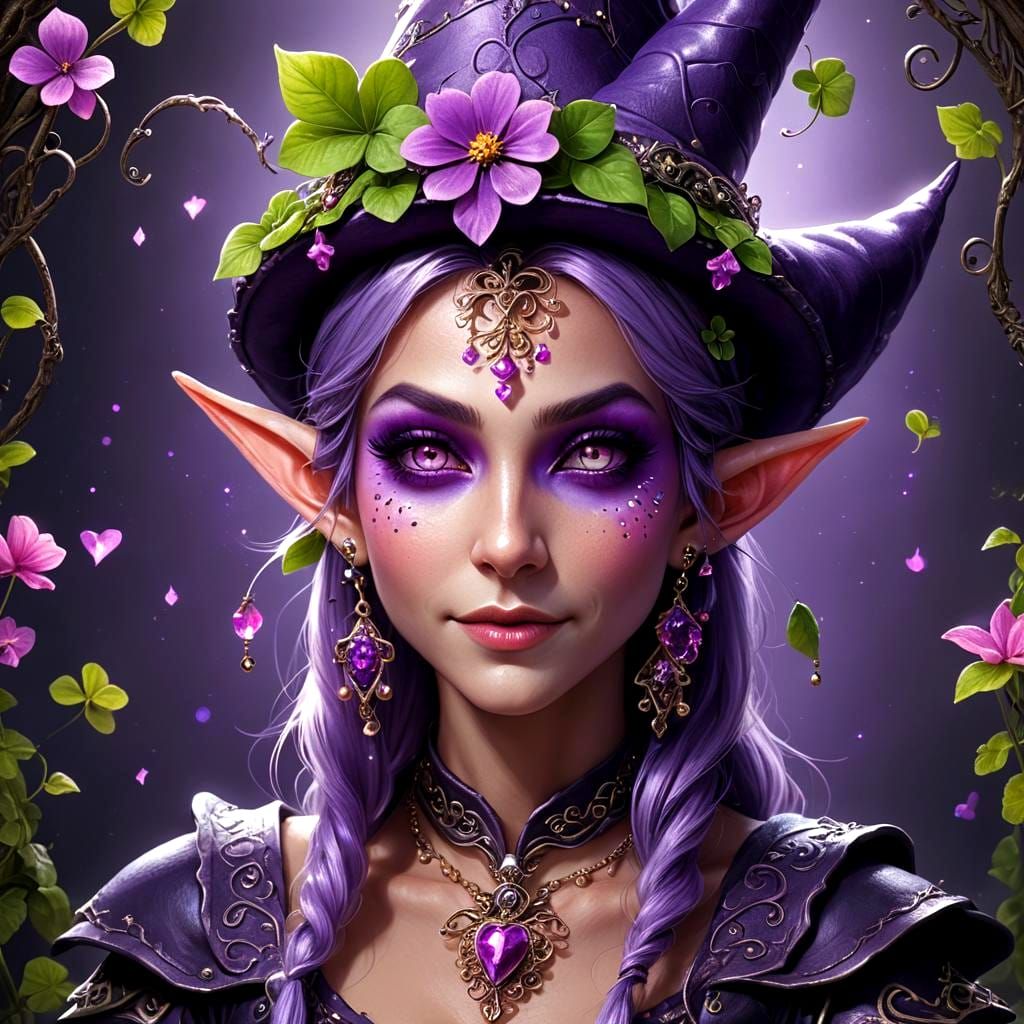 Happy Purple Elf Witch Portrait in 8K