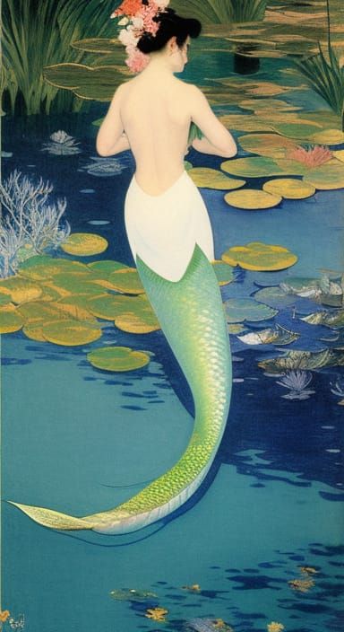 Ukiyo-e Mermaid in Impressionist Underwater Paradise