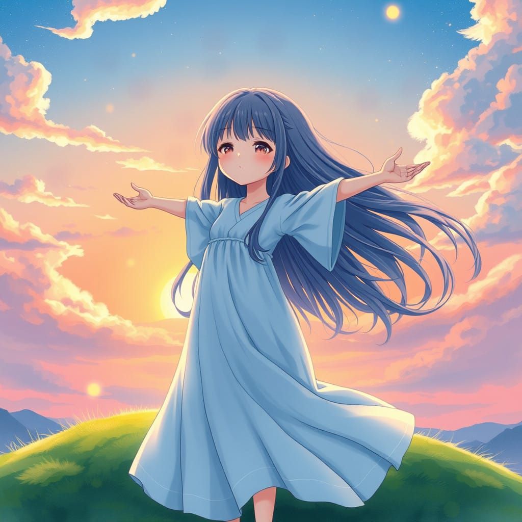 Whimsical Girl Makes a Wish Under Iridescent Skies