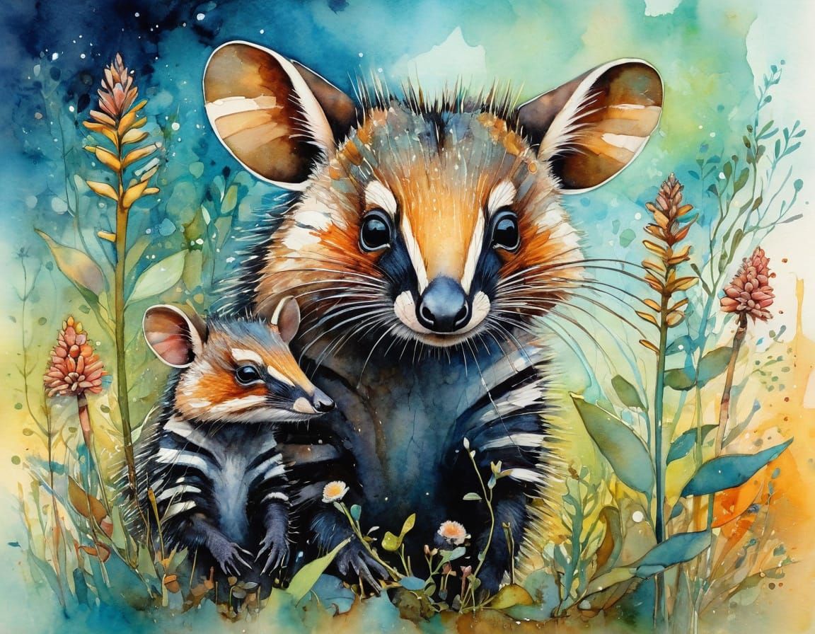 Whimsical Watercolour of a Banded Anteater Family
