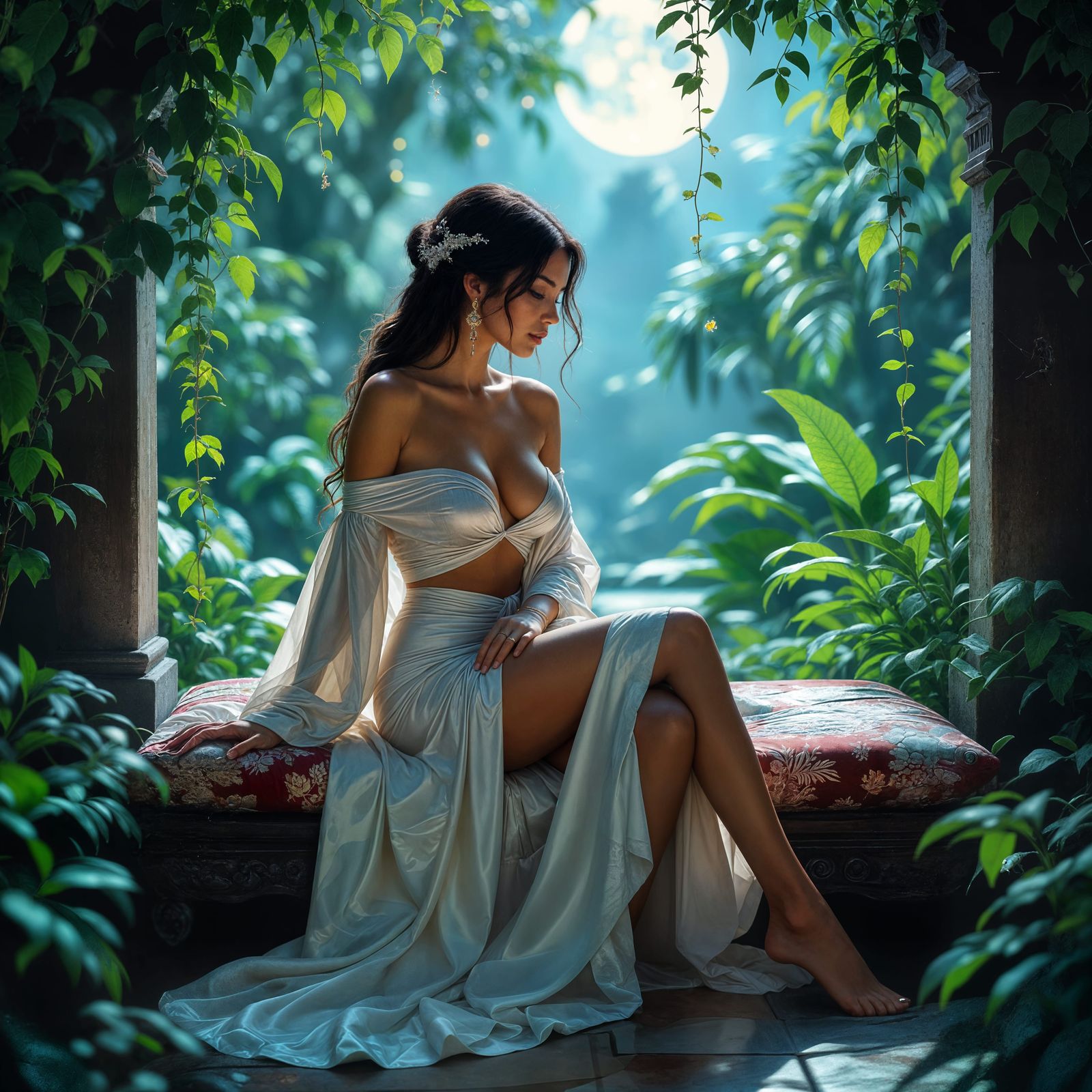 Moonlit Temple Garden Serenity in Pre-Raphaelite Style