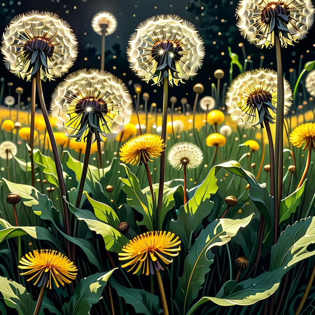 Hyperrealistic Dandelion Field Inspired by Alphonse Mucha