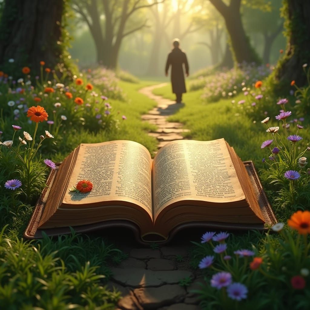 Mystical Bible Landscape with Wildflowers and Gentle Strange...