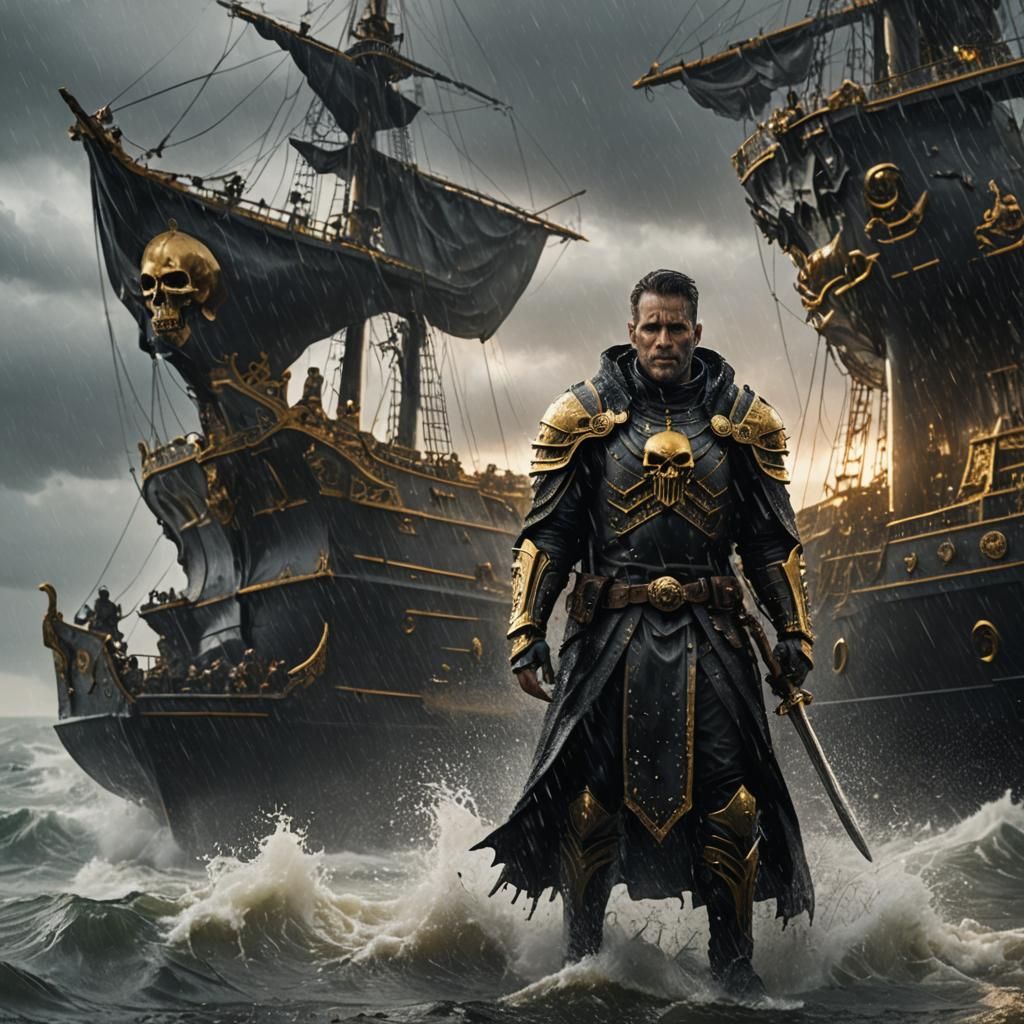 Eldritch Knight in Golden Armor on Stormy Sea