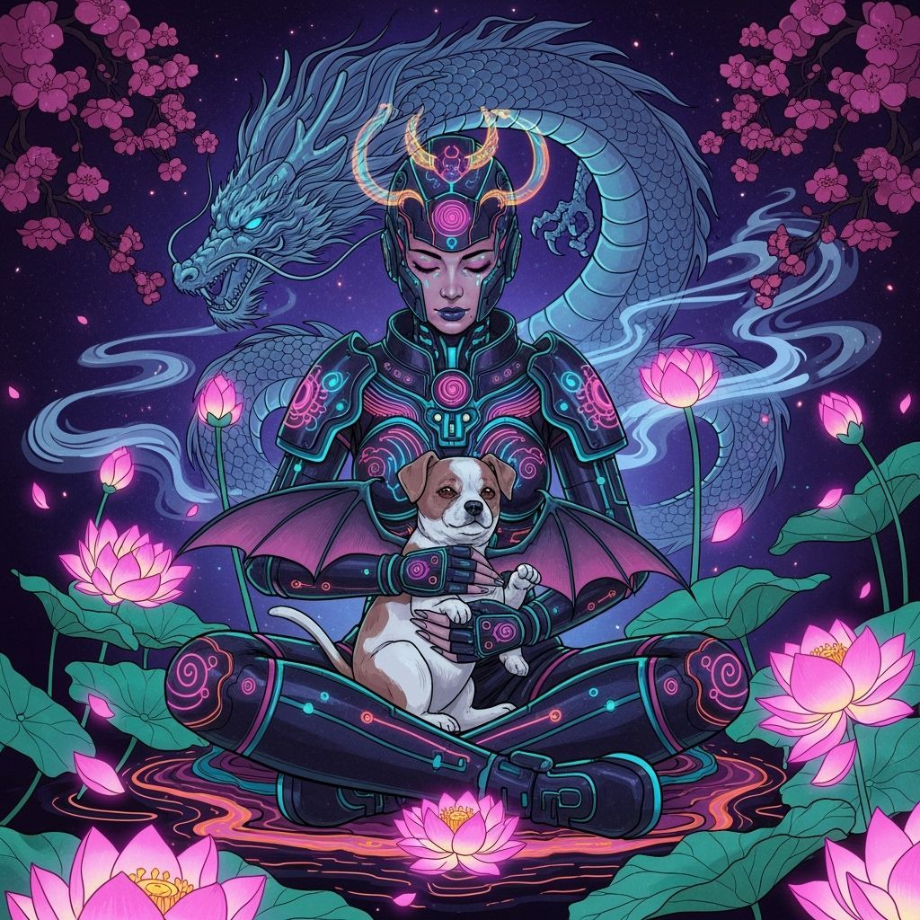 Futuristic Woman with Winged Puppy in Cyberpunk Style