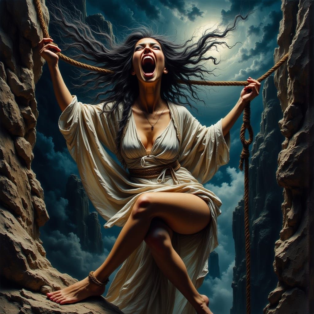 Woman's Desperate Struggle Above Moonlit Canyon