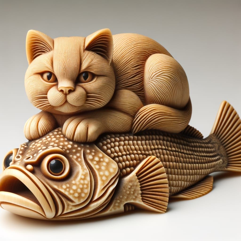 Netsuke: Cat Resting on Flounder, Japanese Carving