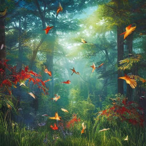 Hyperrealistic Forest Scene with Birds