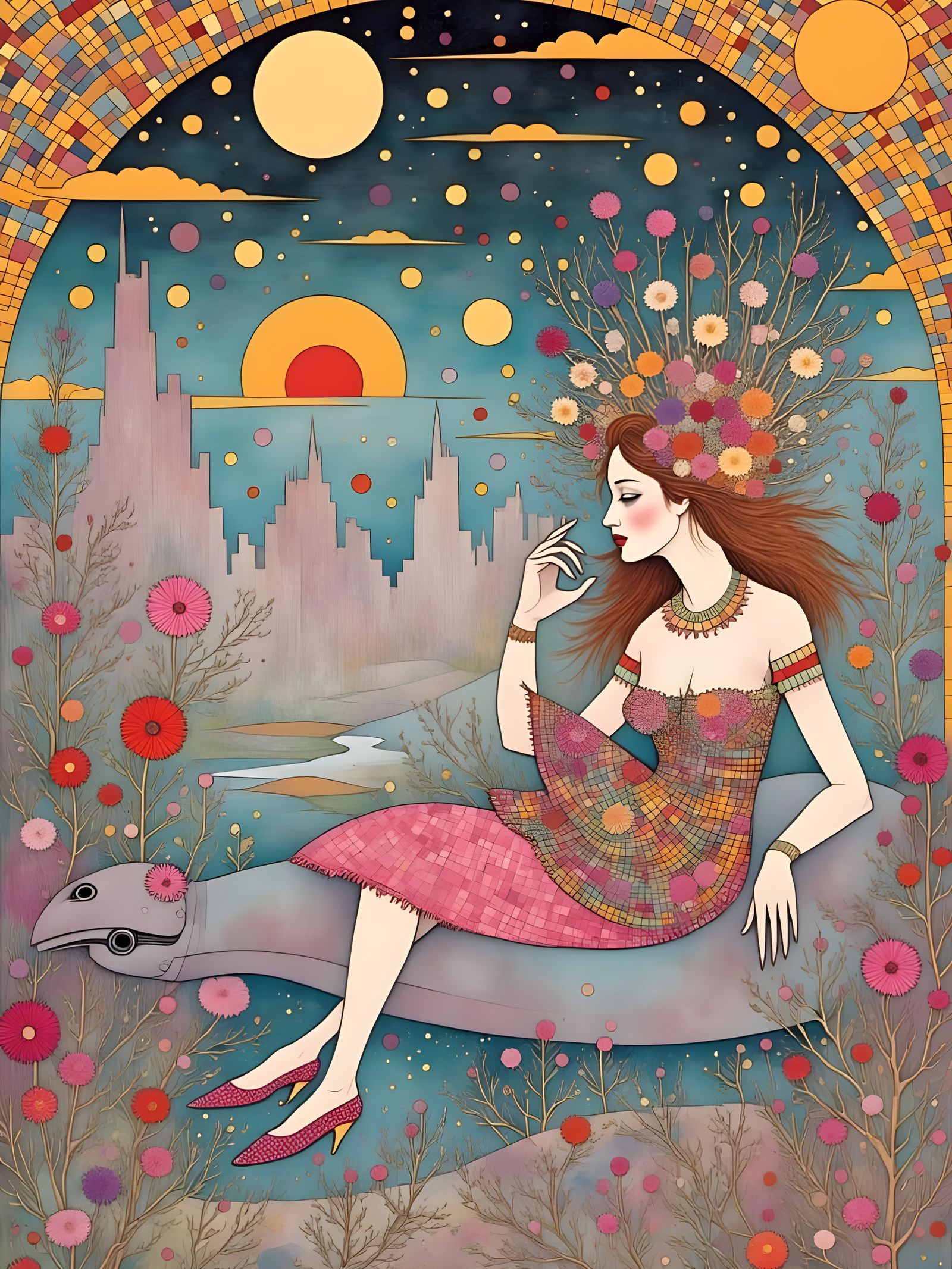 Futuristic Flower Power Girl in Retro Martian City