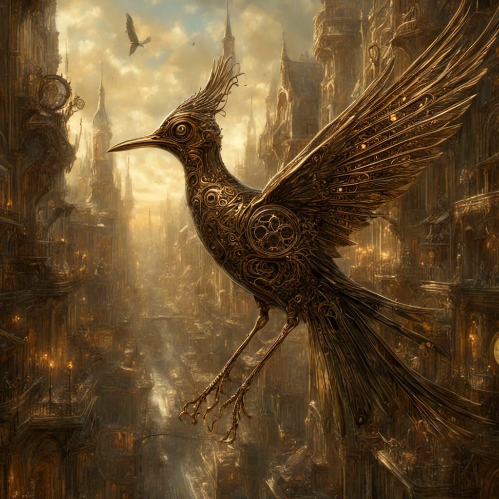 Steampunk Clockwork Birds in Gothic Cityscape