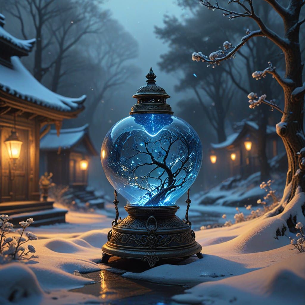 Glowing Blue Heart Icon in 19th Century Kerosene Lamp Winter...