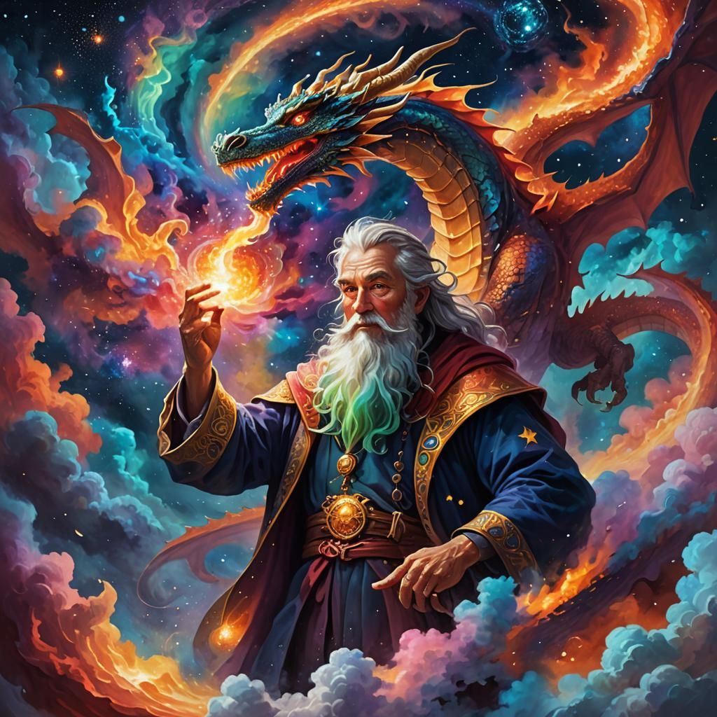 Sauce Wizard and Cosmic Dragon Amidst Galaxy Clouds