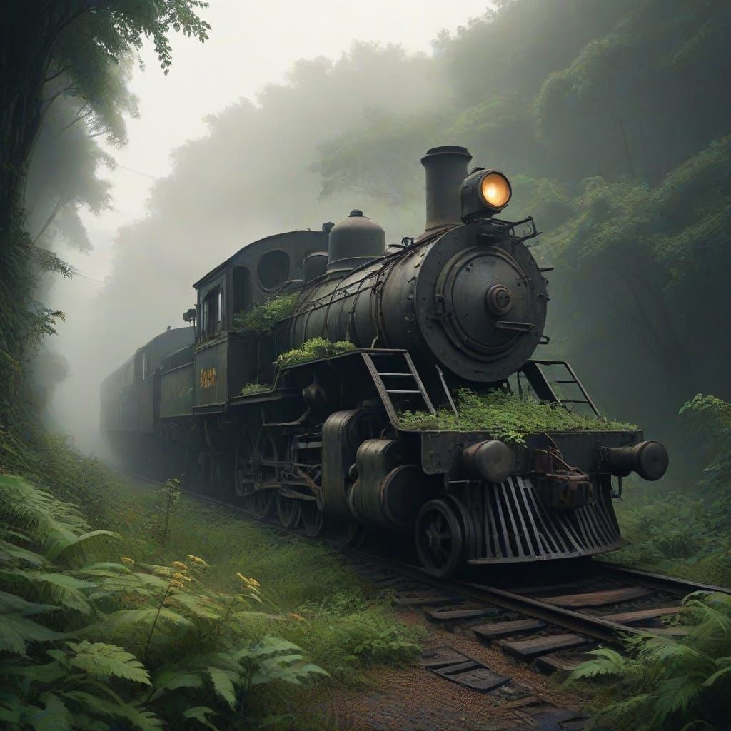 Overgrown Locomotive in Mist-Shrouded Jungle with Glowing Fl...