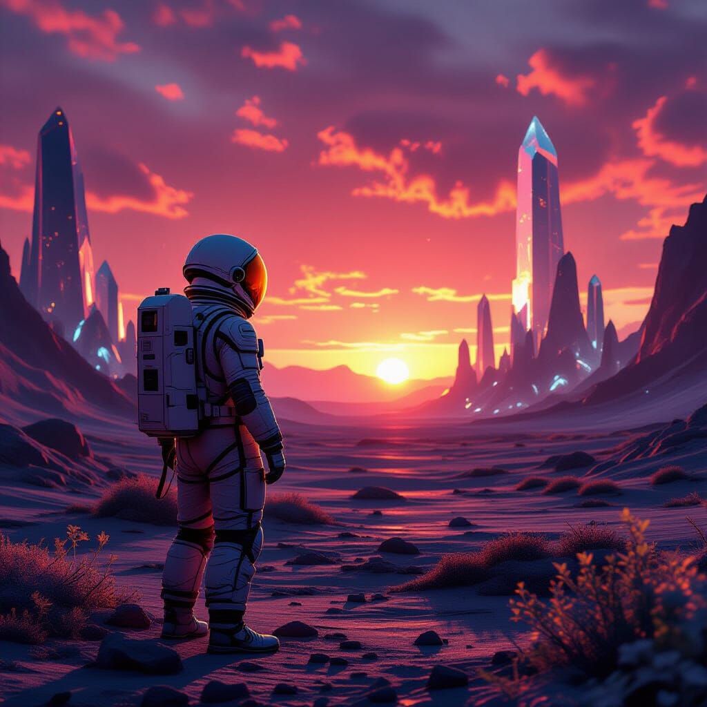 Astronaut on Alien Planet with Crystalline Structures