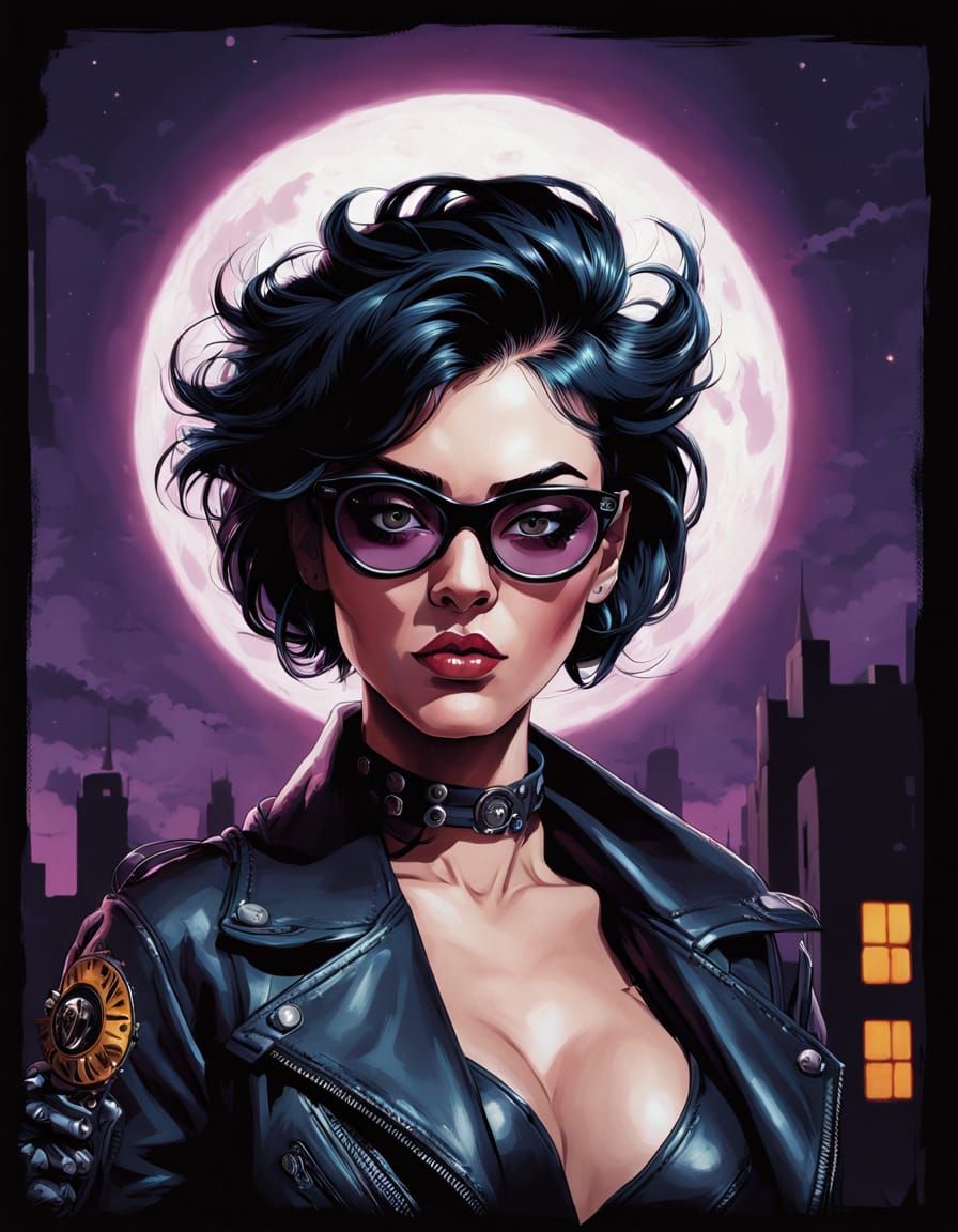Punk Woman Under Vibrant Full Moon