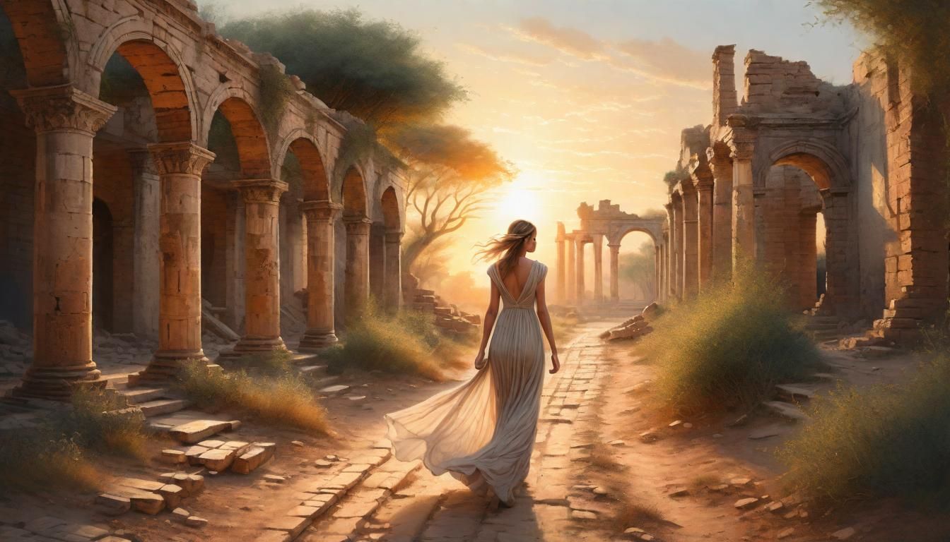 Woman in Dress Walks Through Ancient Ruins at Sunset