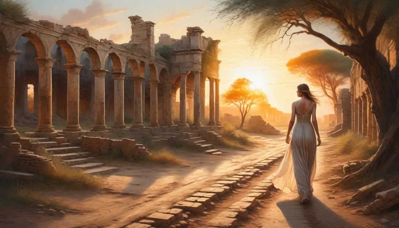 Woman in Dress Walking Through Ancient Ruins