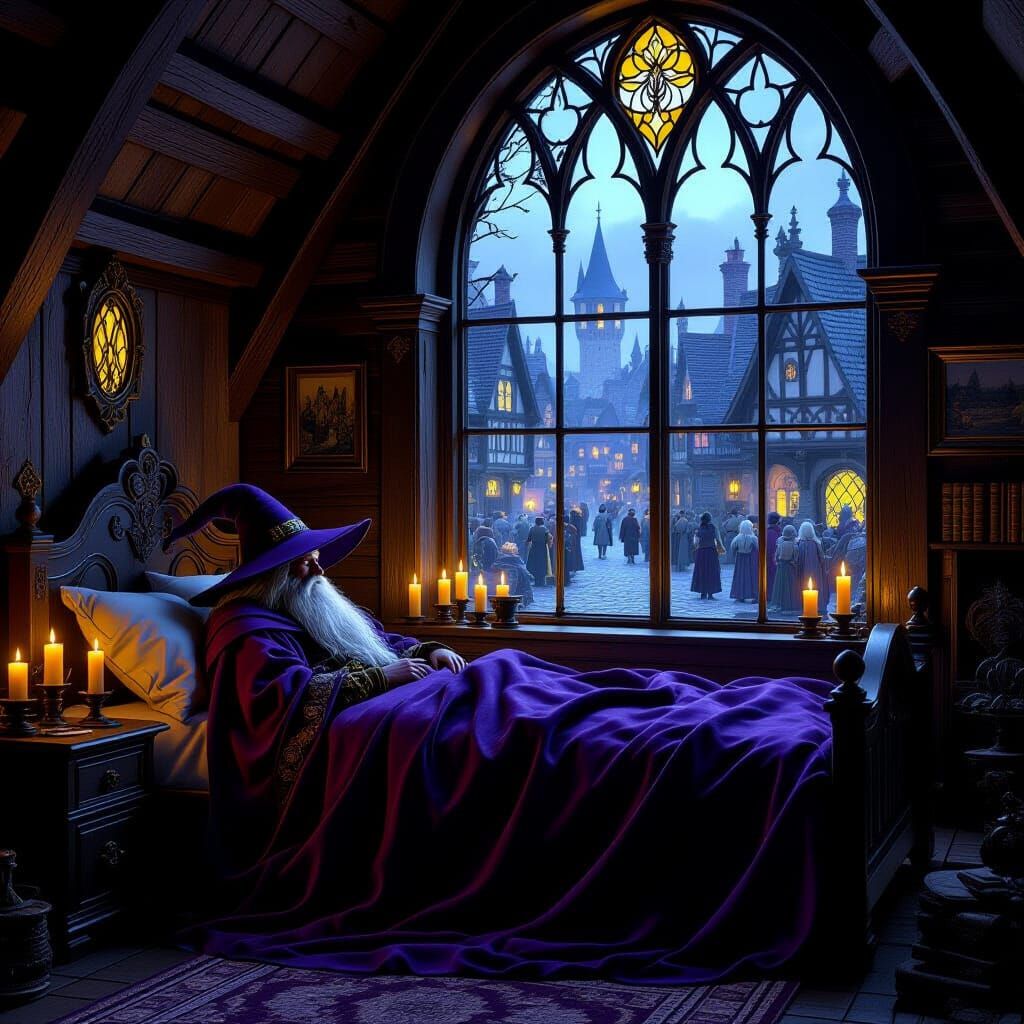 Weary Wizard Resting in Cottage Window Scene
