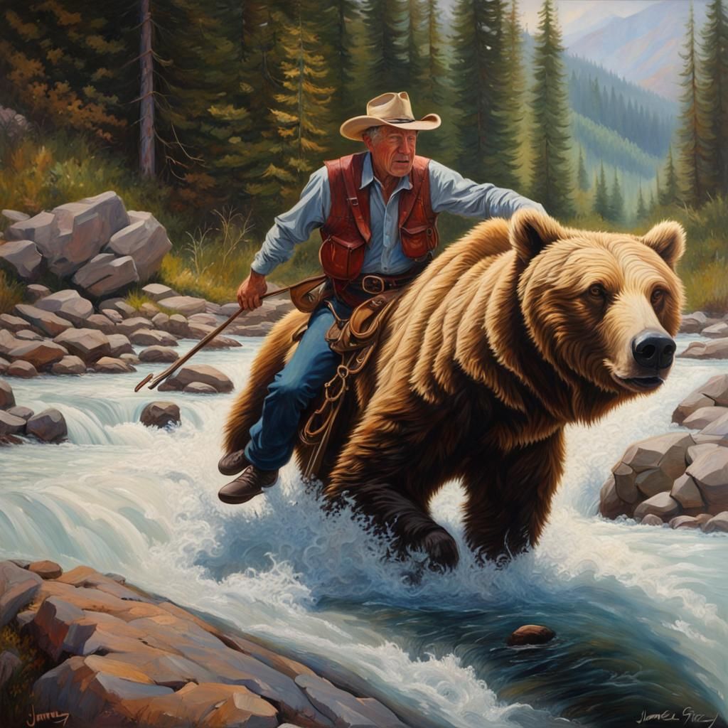 Cowboy and Grizzly Chase: Hyperrealistic Oil Painting
