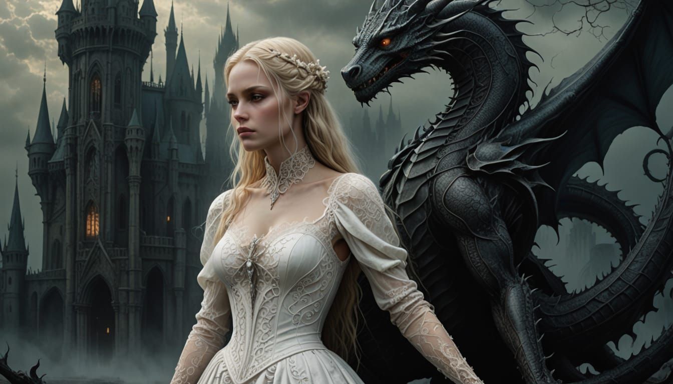 Gothic Goddess Embracing Shadow Dragon in Haunting Mystical ...