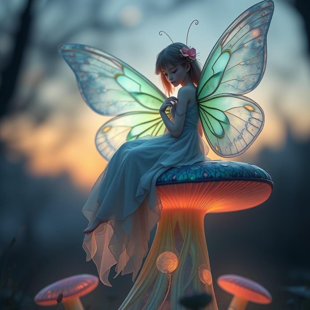 Girl with Butterfly Wings on Oversized Mushroom in Dreamlike...