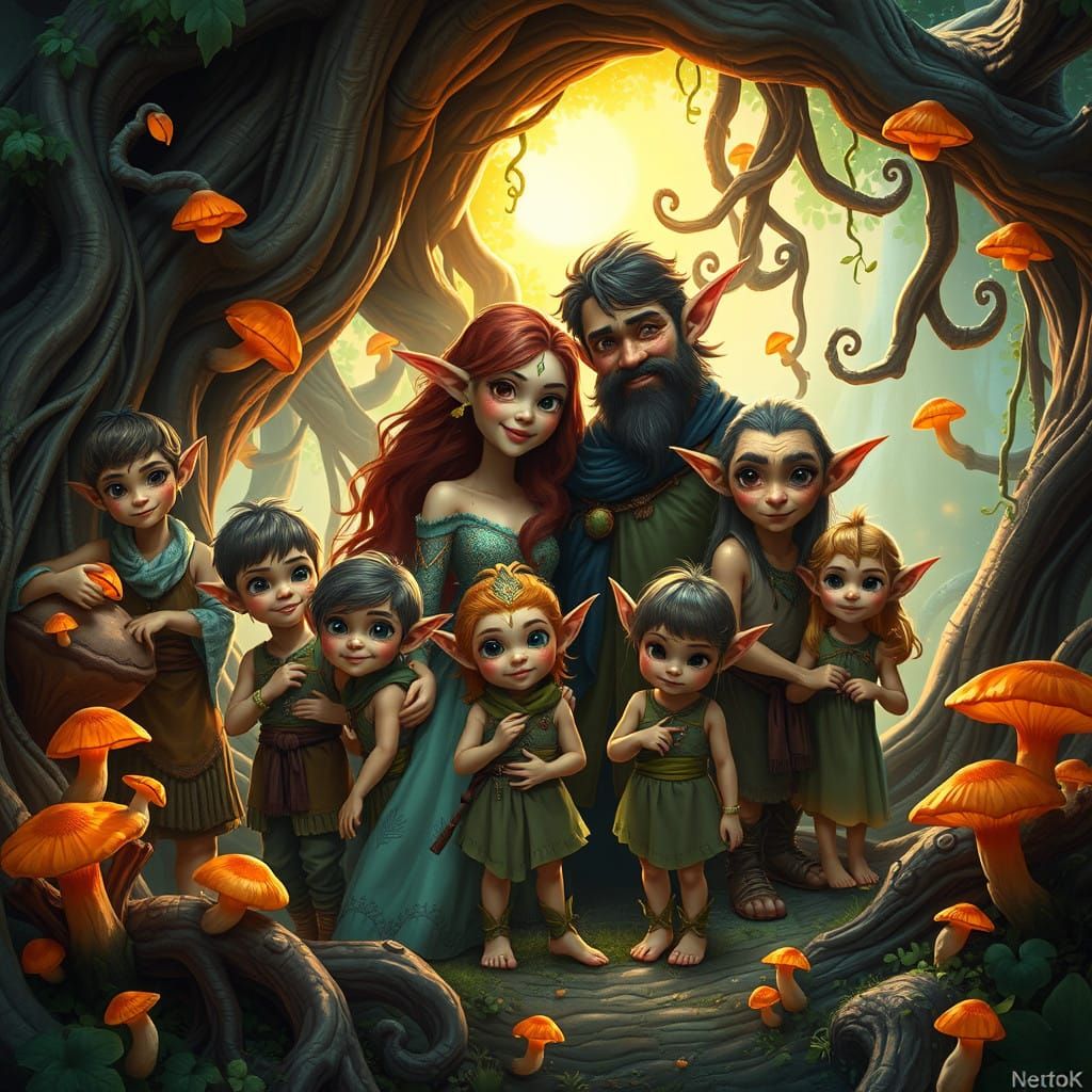 Whimsical Family of Half-Elf, Half-Troll Hybrids in a Fantas...