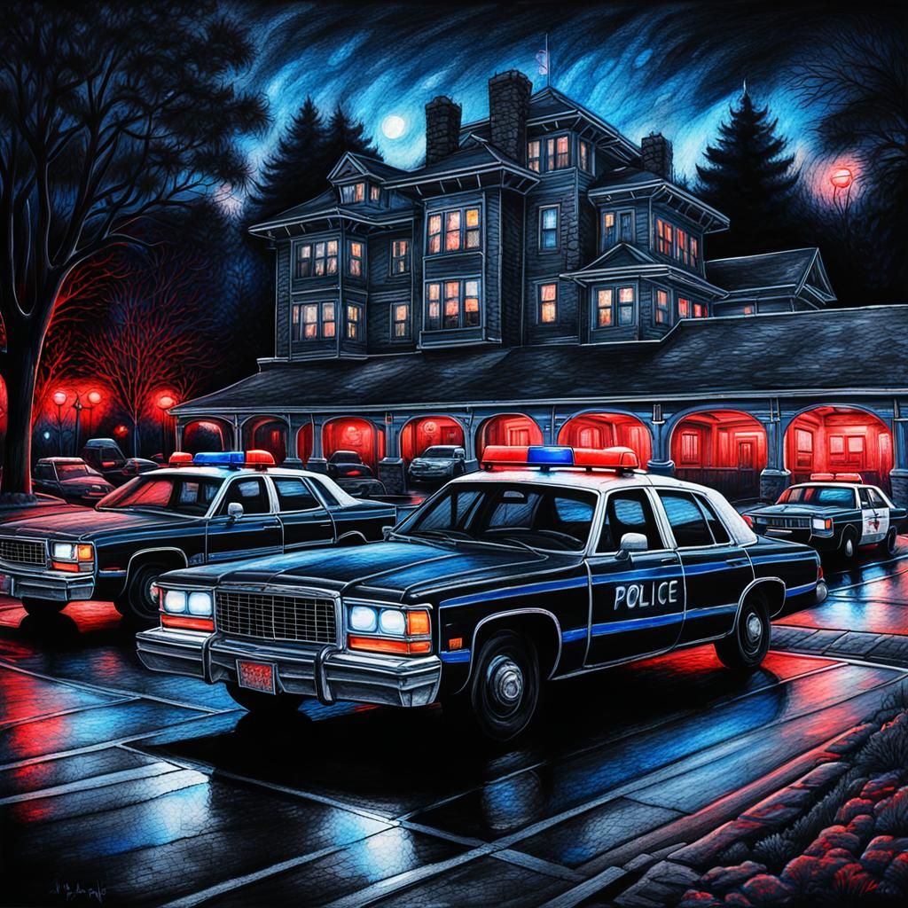 Grove Park Inn Under Police Lights: Charcoal Drawing