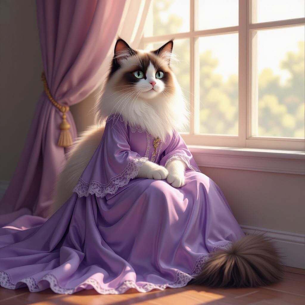 Ragdoll Cat in Lilac Dress, Manga Style