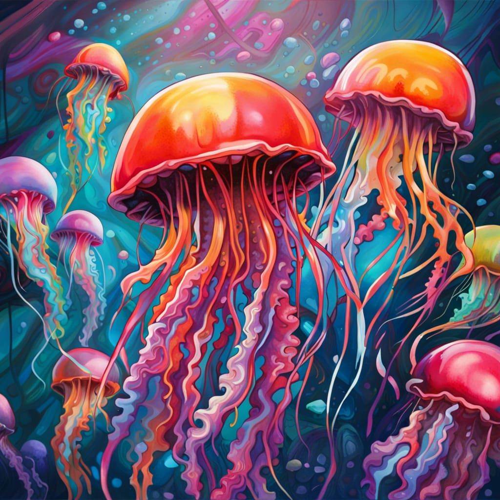 jelly fish in the sea, muti-colored, coral reef, graffiti art, splash art, street art, spray paint, oil gouache melting,...