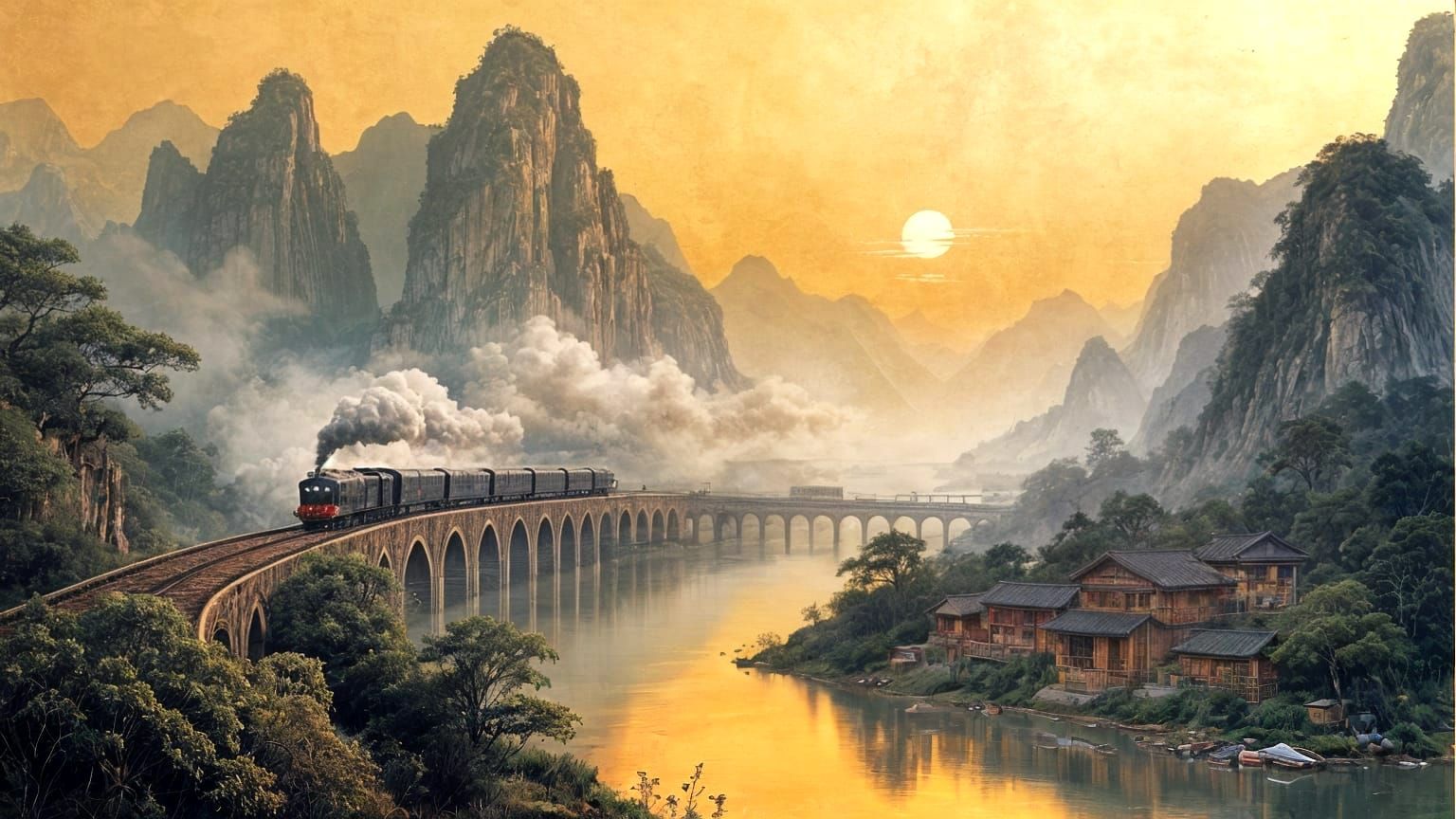 Ethereal Train Chugs Across Celestial Landscape in Tradition...