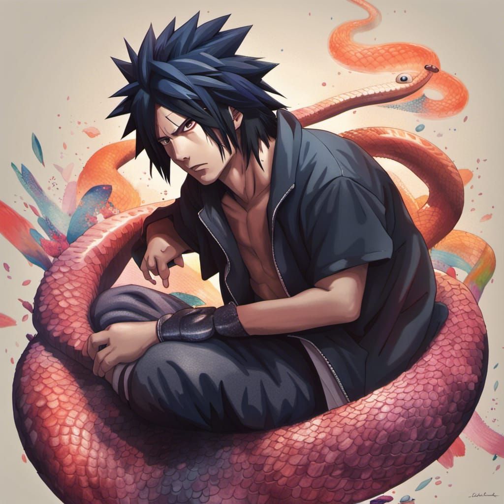 Sasuke Uchiha on Snake: Hyperrealistic Splash Art