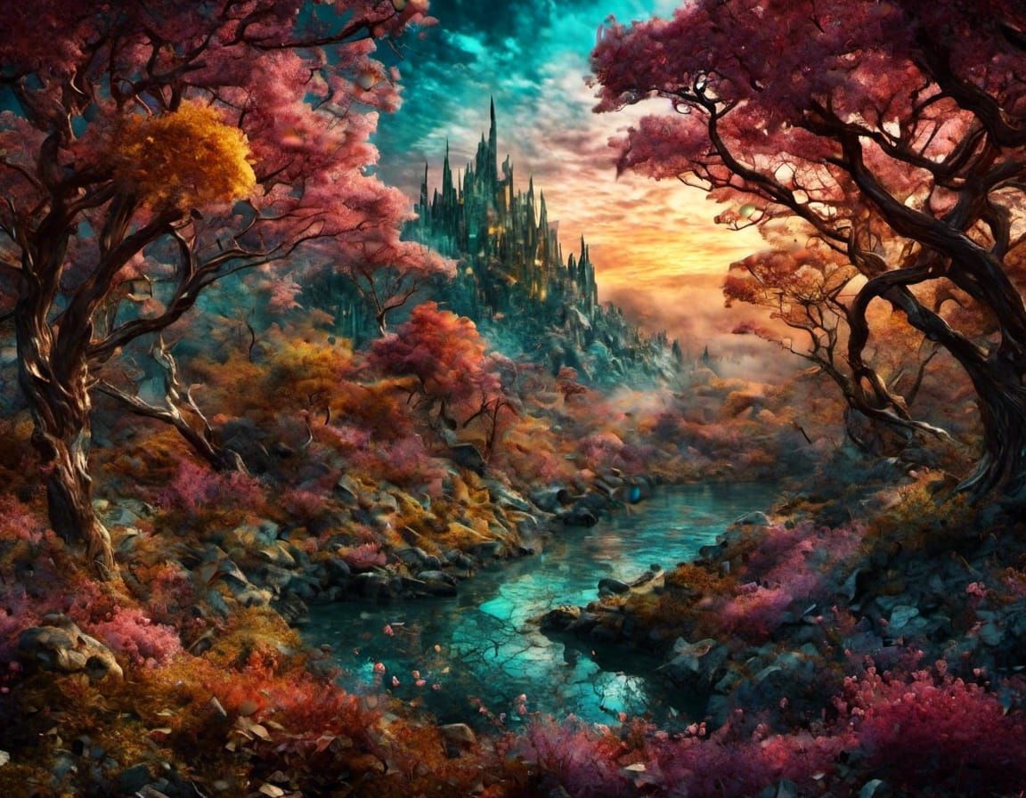 Prismatic Stained Glass Landscape with Luminous Effects