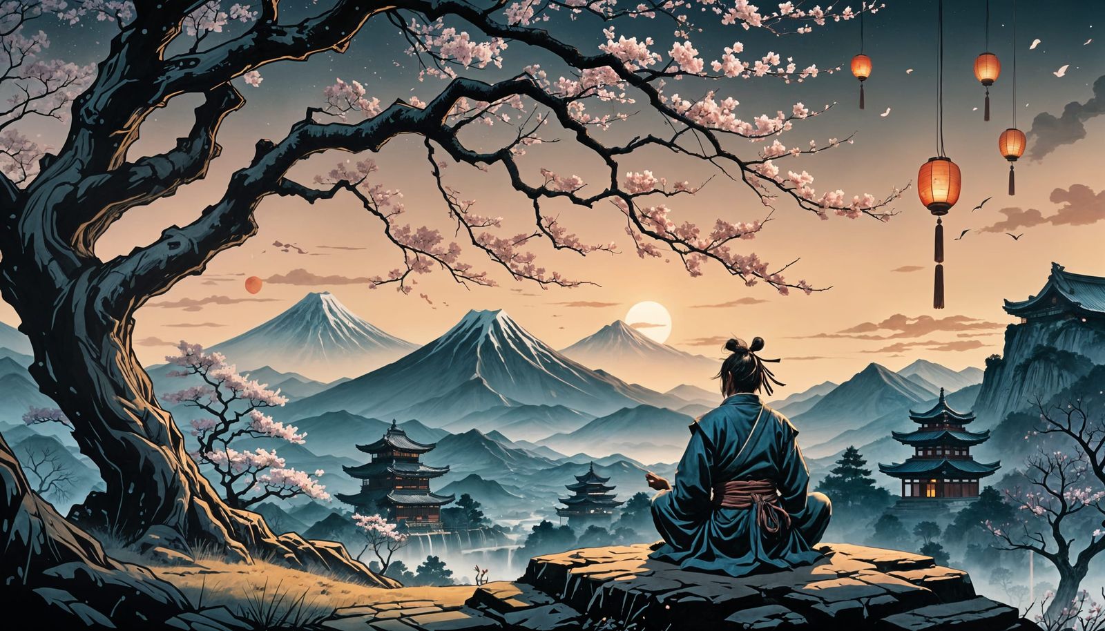 Samurai Meditating Under Cherry Blossom Tree