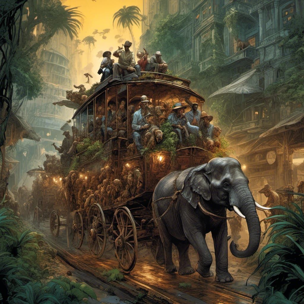 Elephants Pulling Taxi Through Dieselpunk City