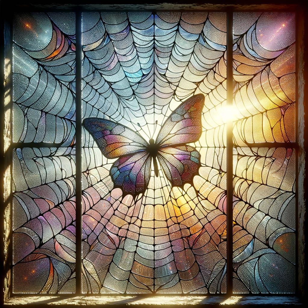 Ethereal Stained Glass Spider Web in Sunrise Window