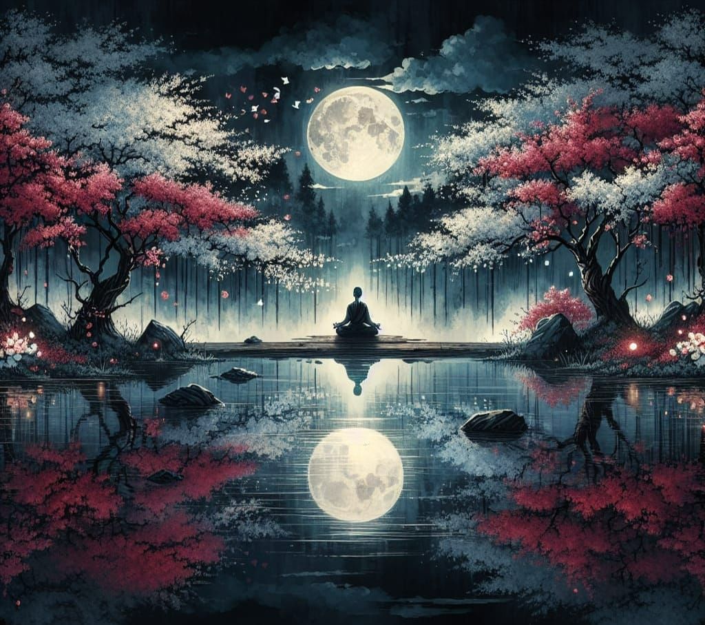 Watercolor Cherry Blossoms Meditating by Twilight Pond