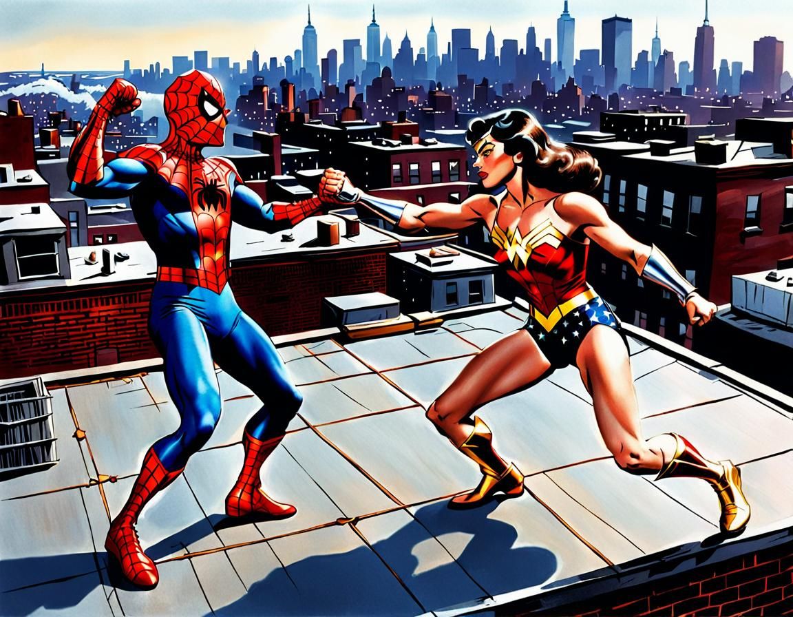 Spider-Man and Wonder Woman Sparring: Comic Book Style