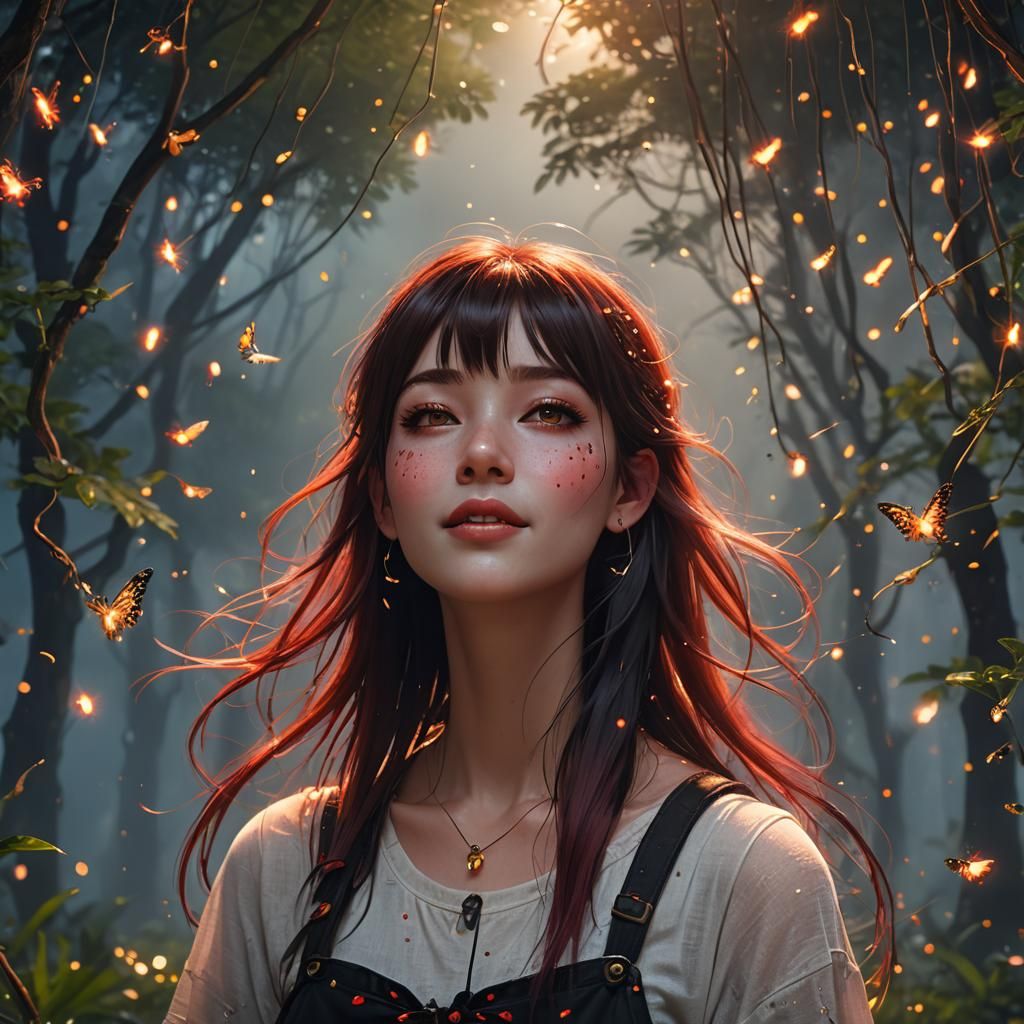 Ethereal Mist: Girl with Fireflies, 3D Art