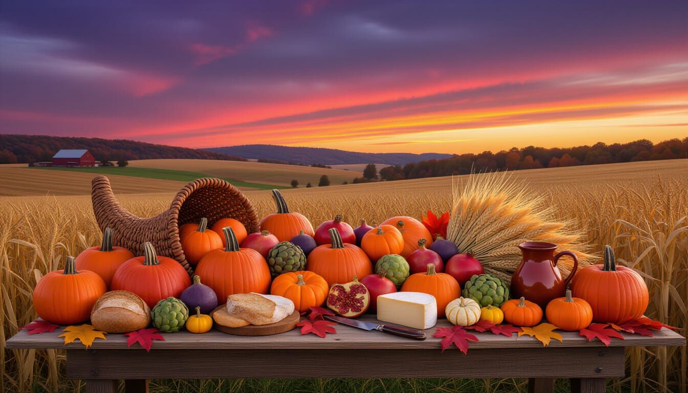 Bountiful Autumn Harvest Table Under Twilight Sky
