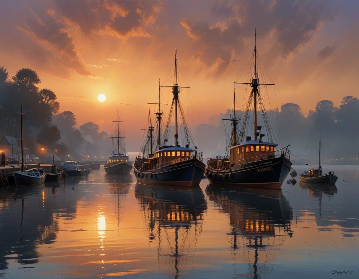 Copper Twilight Maritime Vista in Watercolor Style