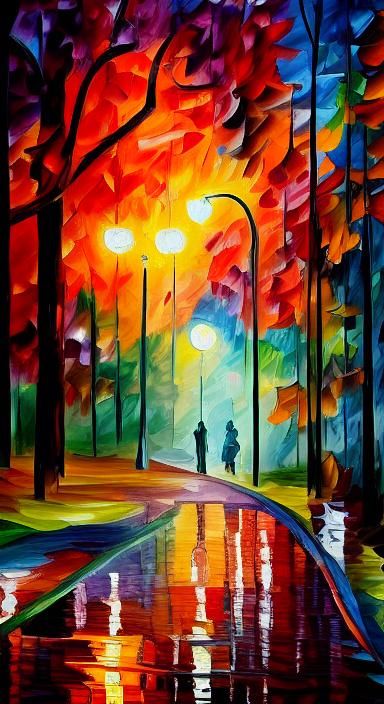 Rainy Autumn Night in Park: Paper Collage Art