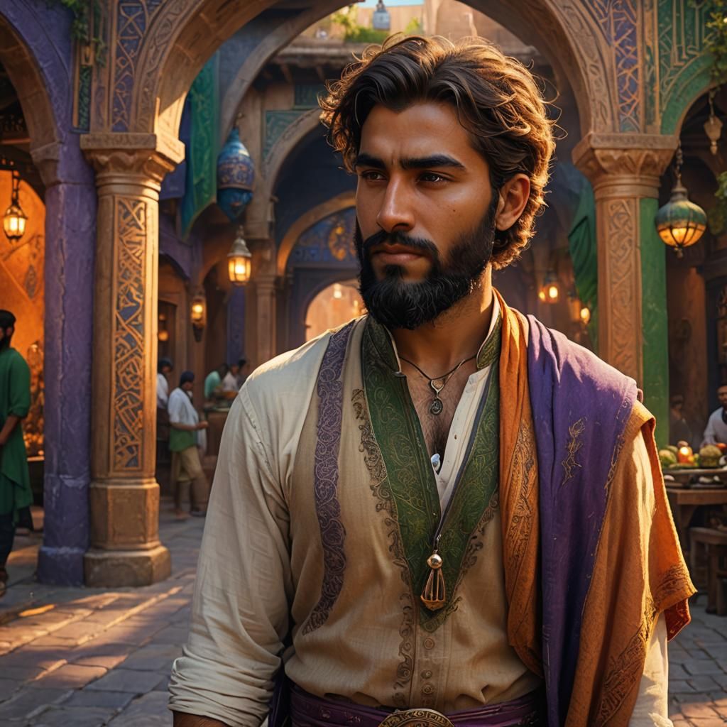 Fantasy Merchant in Golden Light: Hyperrealistic Concept Art