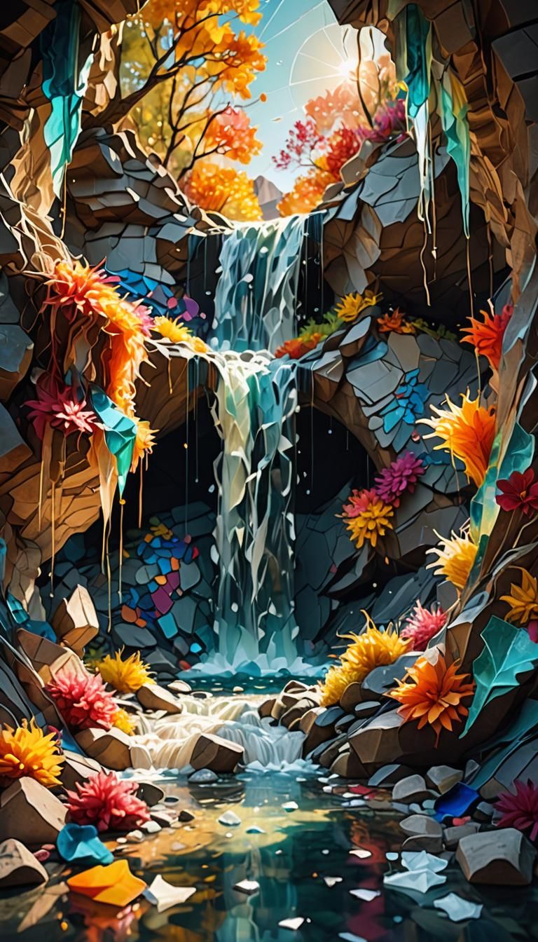 Vibrant Glass Waterfall in Dreamlike Digital Art
