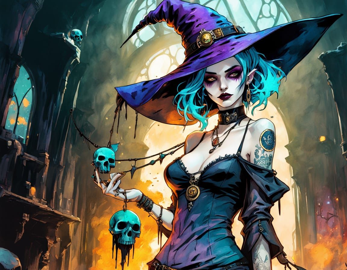 Alluring Witch Necromancer in Watercolor Wash Style