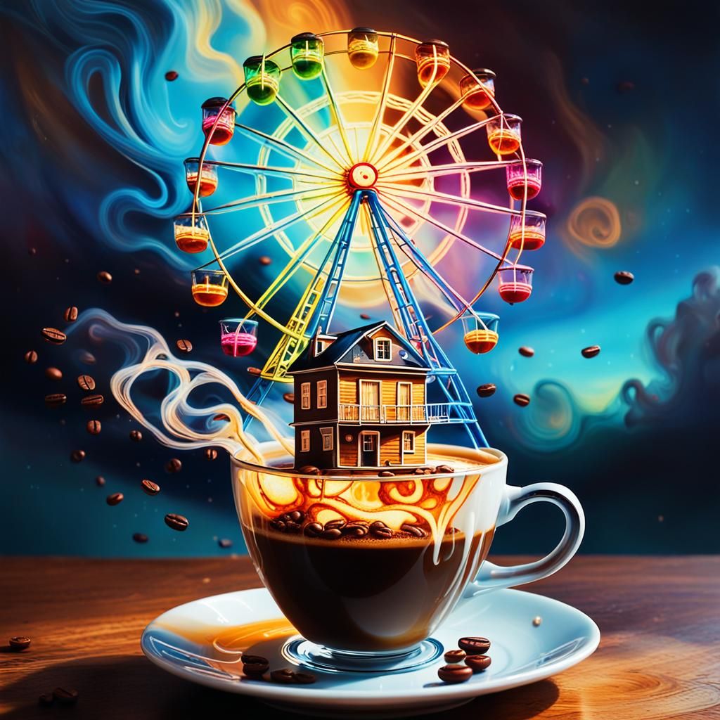 Fantastische Vision: Ein Haus auf dem Riesenrad in einer Kaffeetasse”