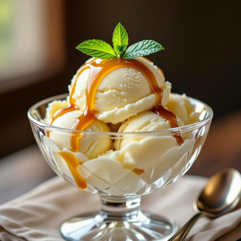 Creamy Vanilla Ice Cream with Caramel Drizzle