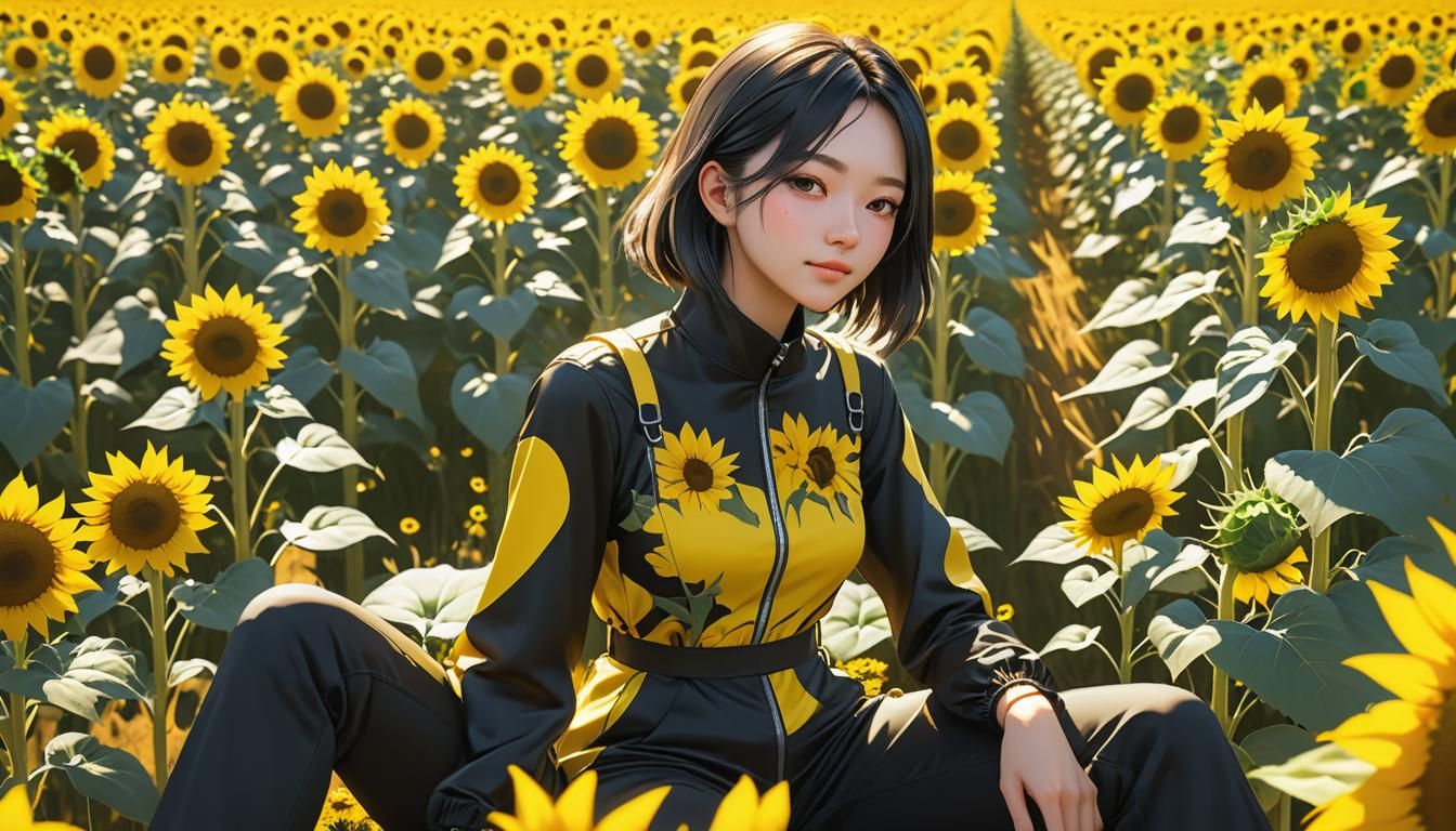 Anime Woman in Sunflower Field at Noon