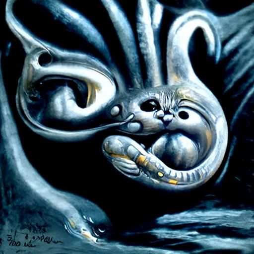 Happy Kitten in Surreal Biomech Storybook Style